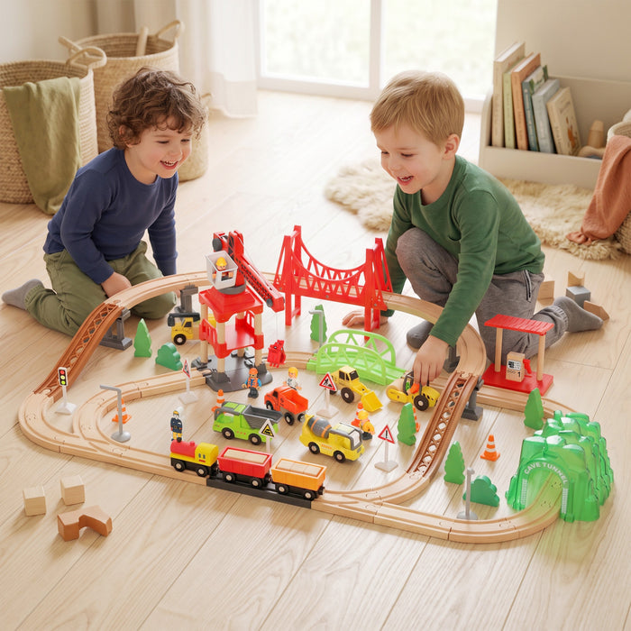 Qaba 91PCS Wooden Train Set, Toy Railway Set with Magnetic Crane and Sound Effects Track, 9 Construction Vehicles & Accessories, STEM Toy Gift for Kids Ages 3+