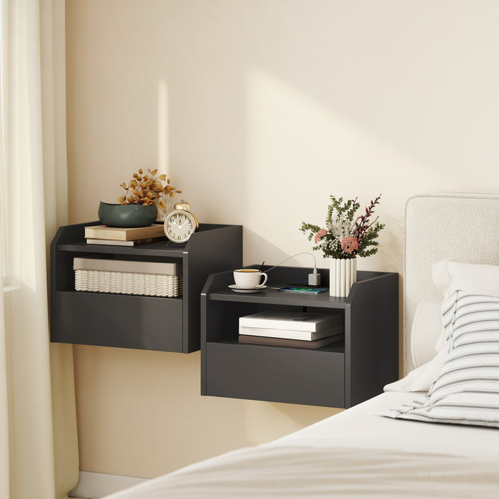 HOMCOM Set of 2 Floating Nightstand w/ Charging Station Bedside Table Black
