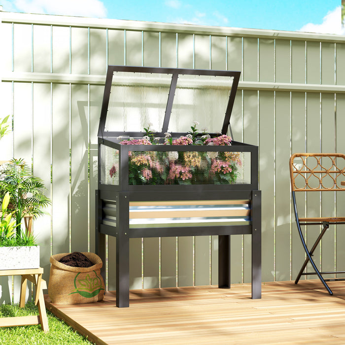 Outsunny Raised Garden Bed with Flip-Up Greenhouse Top, Grey