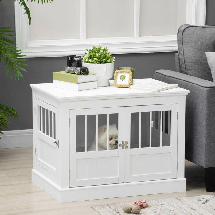 Pawhut Dog Crate Furniture, 31\" Dog Kennel Side End Table With Three Doors, Indoor Dog Cage For Small Dogs, White
