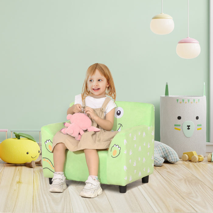 Qaba Kids Sofa, Armrest Chair For Preschool, Toddler Couch For Kids Room, Kindergarten With Cute Animal Print, Super-soft Velvet, Eucalyptus Wood, Green