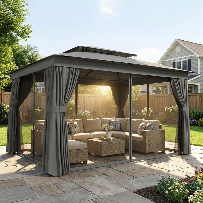 Outsunny 10'x12.5' Patio Outdoor Gazebo with Curtains, Netting, Double Roof