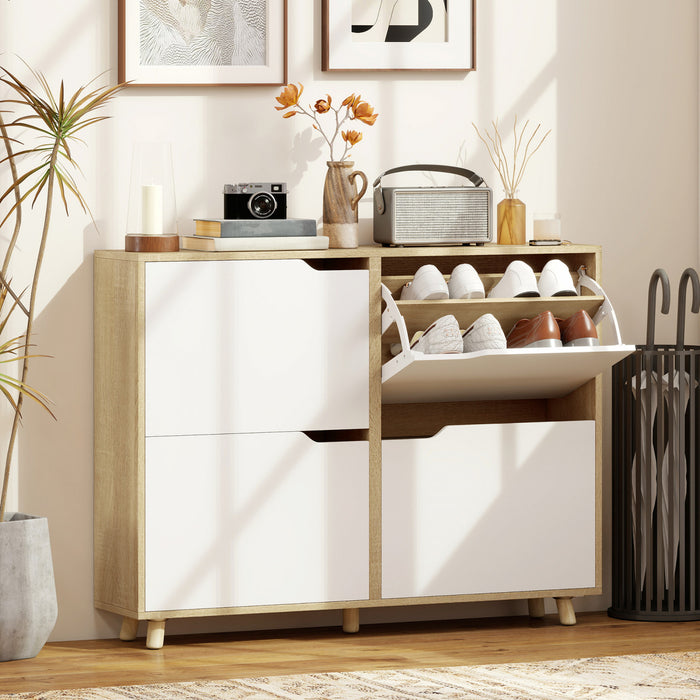 HOMCOM Shoe Cabinet, Shoe Storage Cabinet with 4 Flip Drawers, Natural