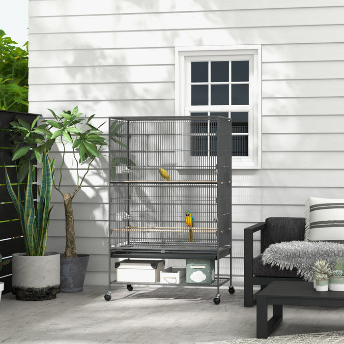 Pawhut 60\" Bird Cage With Stand For Cockatiels Canaries Lovebirds Finches, Budgie Cage With Wheels, Removable Tray, Storage Shelf