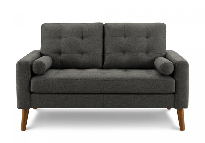 Upholstered Love Seat, 58\" L, Dark Grey Fabric, Walnut Wood Legs, Mid-Century Modern Loveseat