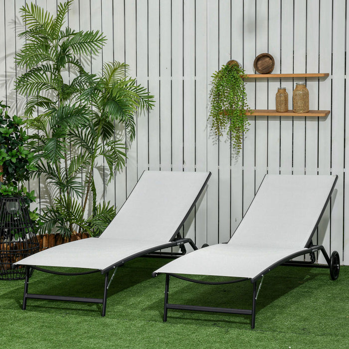 Outsunny 2pcs Lounge Chairs With Wheels, 5-level Adjustable Backrest, White