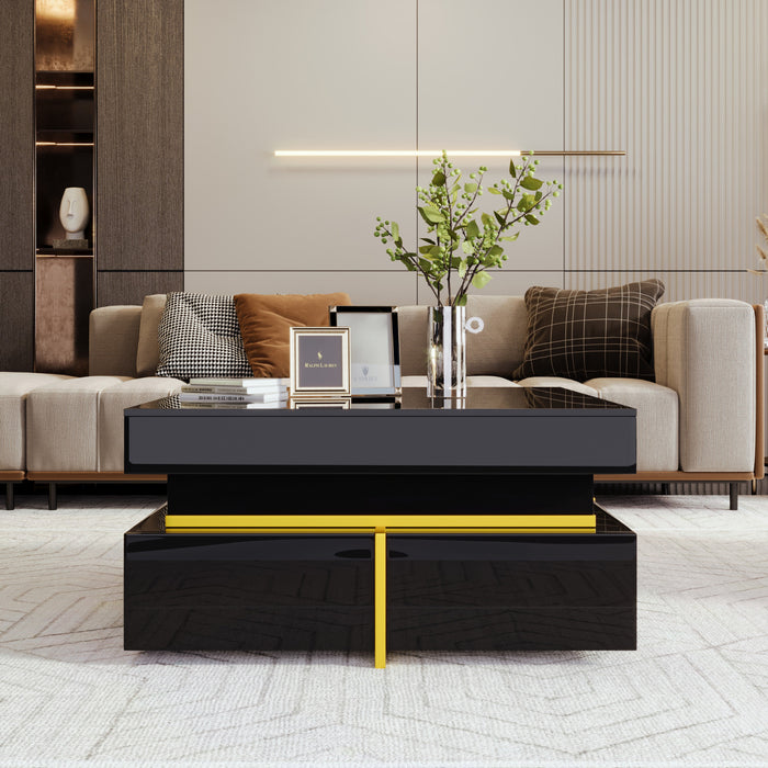 Ava High-Gloss Coffee Table with Storage Drawers and Gold Accents,Black