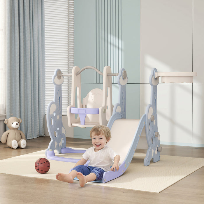 Qaba 4-in-1 Toddler Slide, Baby Kids Indoor Slide and Swing Set with Basketball Hoop, Climber, Indoor Playground for Ages 1.5-4 Boys Girls Toddler, Rocket Themed, Light Blue