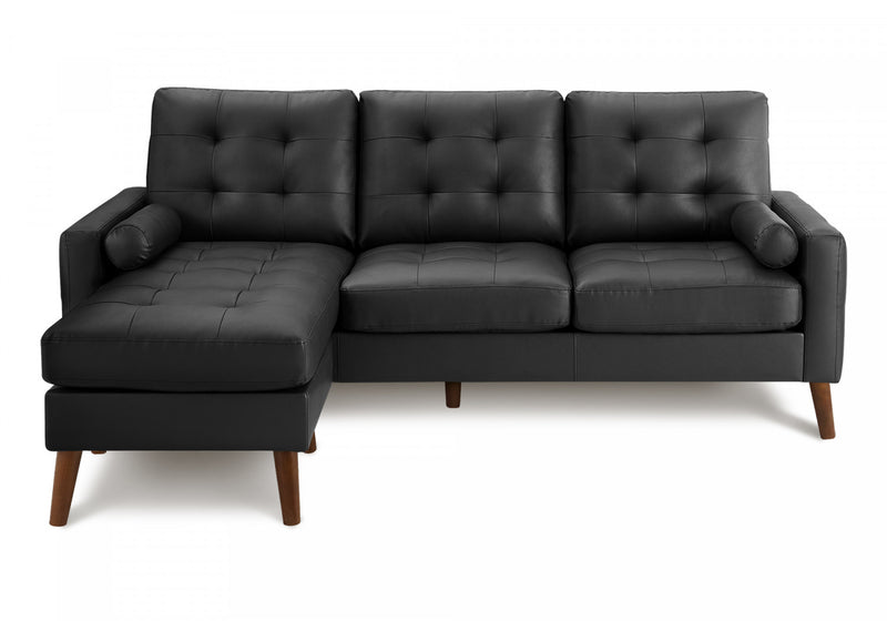 Upholstered Chaise Sofa Lounger, 85\" Wide, Black Leather Look, Walnut Solid Wood Legs Sofa