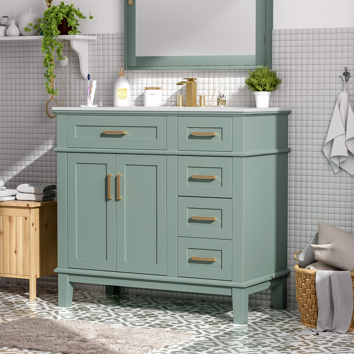 Clara 36 Inch Modern Bathroom Vanity with Ceramic Sink and Multi-Drawer Storage, Light Green