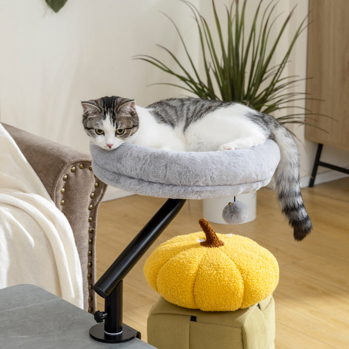 PawHut Cat Desk Bed, 360° Rotatable Adjustable Height Desktop Cat Bed for Home Office Work Window, Plush Washable Kitten Hammock for Indoor Kittens, Grey