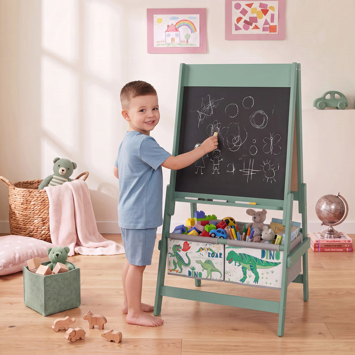 Qaba Art Easel for Kids, 3-in-1 Double-Sided Kids Easel with Chalkboard and Whiteboard, Paper Roll, 2 Storage Bins, Under-Board Shelf, Gift for Boys Girls Ages 3-8, Green
