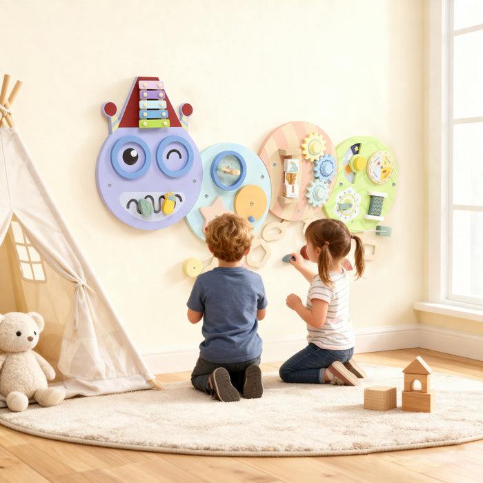 Qaba Caterpillar Activity Montessori Busy Board, 7 Activities, Sensory Wall Panel for Toddlers, Learning Activity Center for Playroom Nursery Classroom, Gift for Boys & Girls 3+