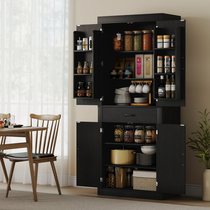 72\" Kitchen Pantry Cabinet, Kitchen Storage Cabinet with Barn Doors, Black