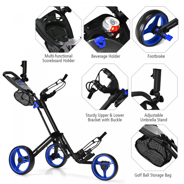 Goplus Folding 3 Wheels Golf Push Cart W/brake Scoreboard Adjustable Handle Blue