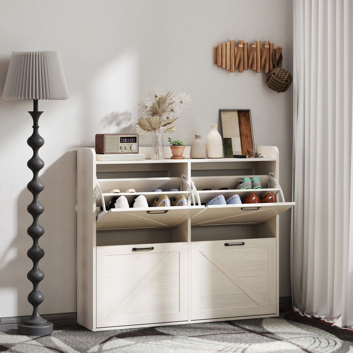 HOMCOM 4 Flip Drawer Shoe Cabinet, Slim Shoe Storage Cabinet, White Oak