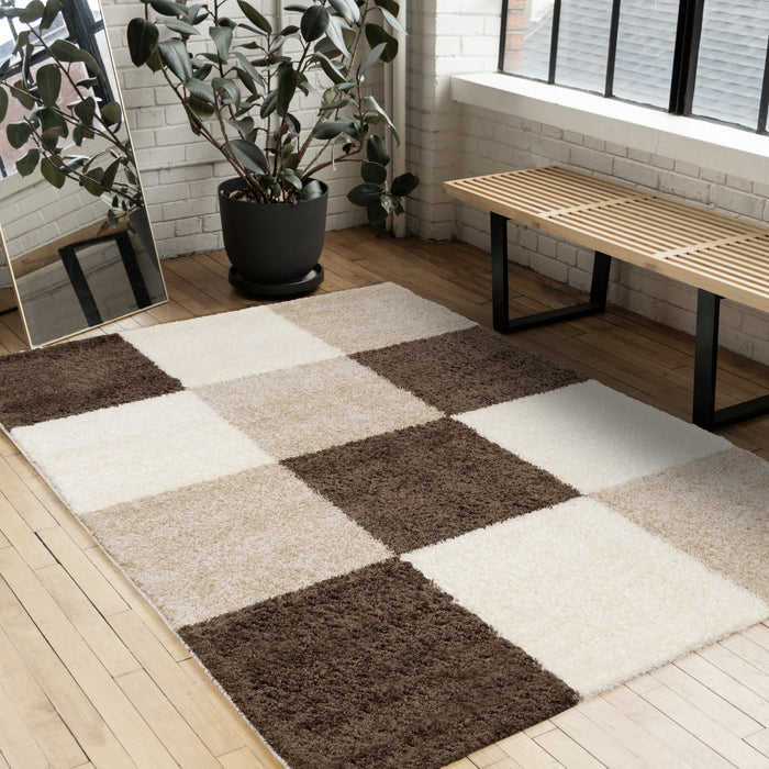 Fairmont Brown Beige White Checkered Rug, 6'7\" x 9'6\" Indoor Area Rug