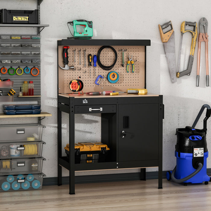 Homcom Garage Workbench With Storage Drawer, Peg Board, Lockable Cabinet
