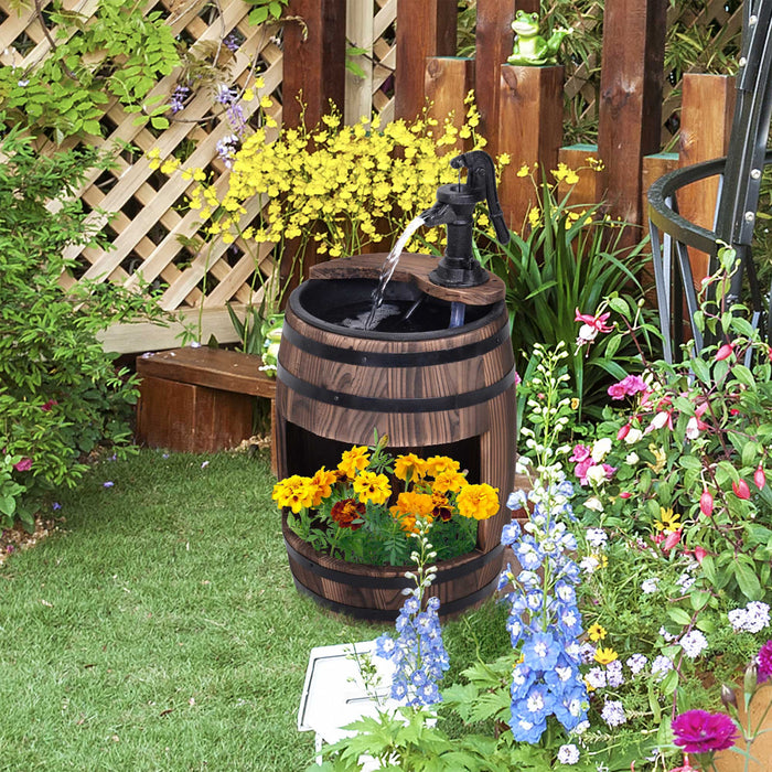 Outsunny 23\" Wooden Barrel Outdoor Fountain With 3600r/min Pump Carbonized