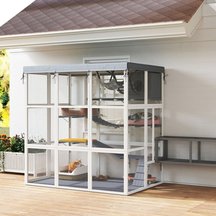 Pawhut Catio Outdoor Cat Enclosure, 71\" Large Wooden Cat House W/ Weatherproof Tarp, Walk-in Kitty Cage With Hammock, Condo, Platforms, Ladders, Ramps, For 2-4 Kittens, Grey