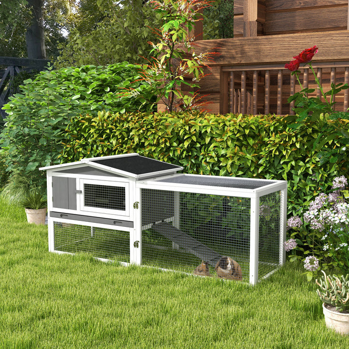 Pawhut 61'' L 2-story Rabbit Hutch Bunny Cage Small Animal House With Pull Out Tray, Detachable Run, Ramp, For Indoor Outdoor, Light Grey