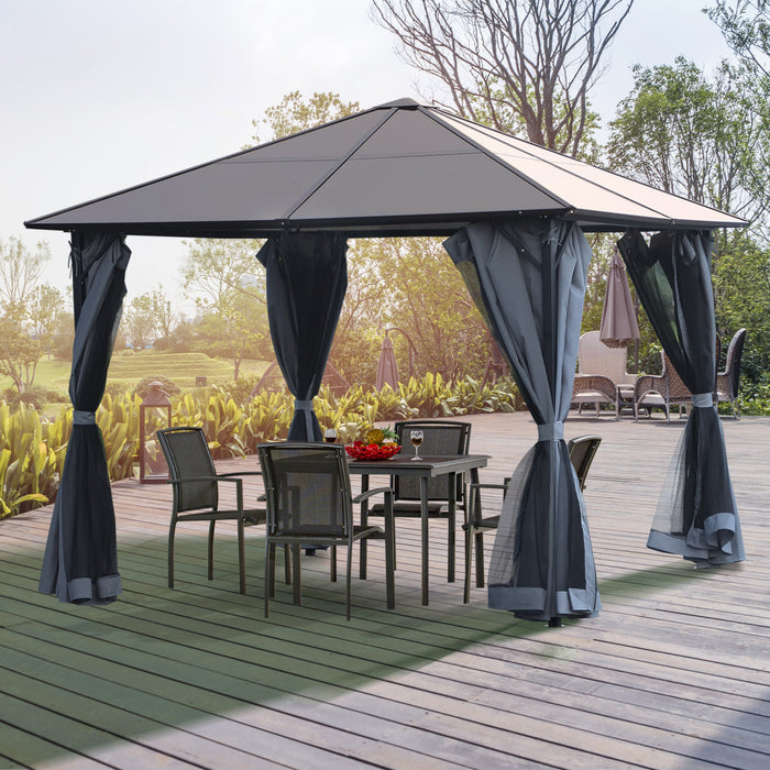 Outsunny 9.8' X 9.8' Patio Gazebo Aluminum Framed Polycarbonate Roof Hardtop Garden Canopy Party Tent Marquee Outdoor Shelter With Mesh Curtains & Side Walls - Grey