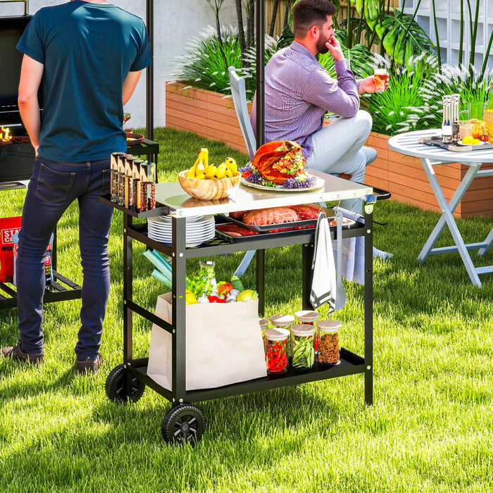 Outsunny Outdoor Grill Cart with Stainless Steel Top Adjustable Shelf, Pizza Oven Table with Hooks, Seasoning Tray, Towel Rack, Movable Grill Dining Cart with Cover, Black
