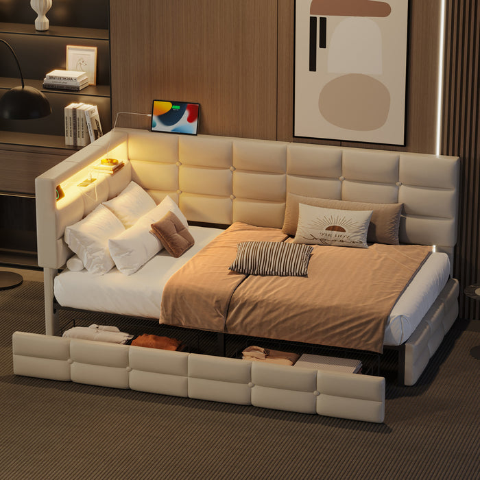 Sophia Upholstered Daybed with LED Lights and Storage Drawers,Twin Size,Beige