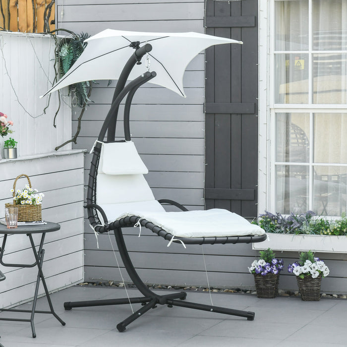Outsunny Outdoor Hammock Chair With Stand, Floating Chaise Lounge Chair With Soft Padded Cushion, Hanging Hammock Swing Reclining Seat With Canopy Umbrella, Cream White