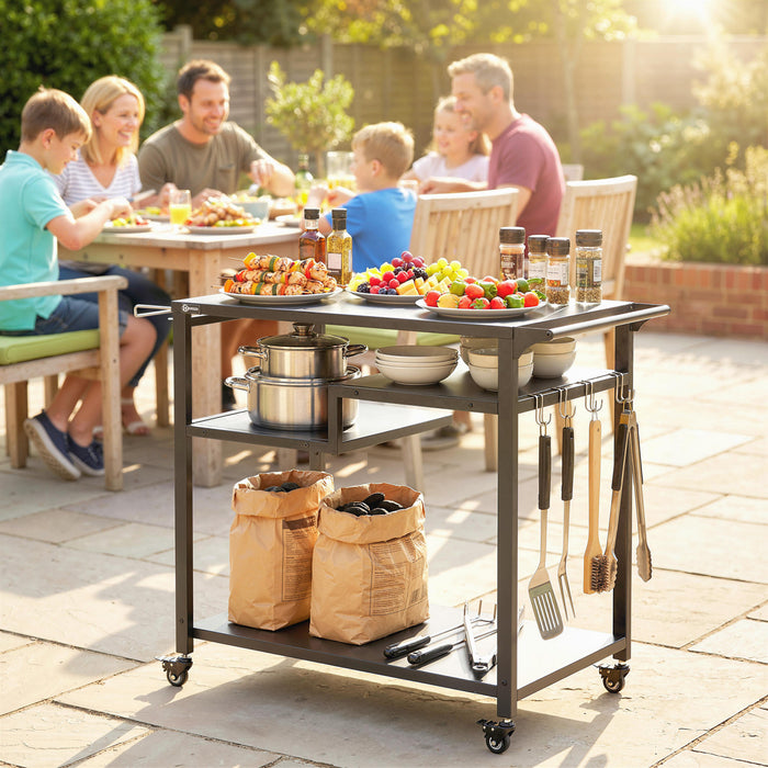 Outsunny Outdoor Grill Cart, BBQ Stand, Three-Shelf Pizza Oven Stand with Hooks, Garbage Bag Holder, Movable Food Prep Table on Wheels, Black