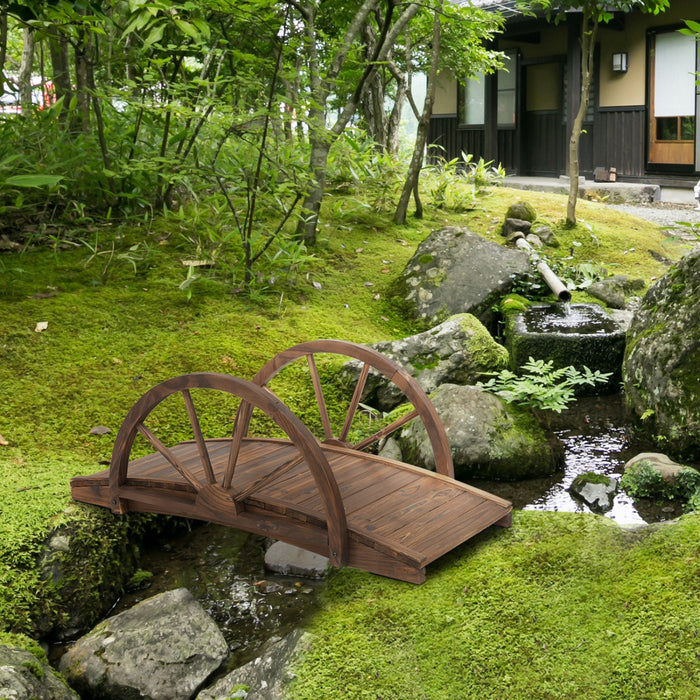 Outsunny 3.3ft Wooden Garden Bridge Arc Stained Finish Walkway With Half Wheeled Railings, Stained Wood