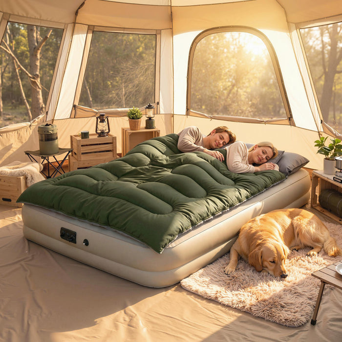Outsunny Double Sleeping Bag for Adults, Queen Size 2 Person Sleeping Bag, Lightweight Quilt with 2 Pillows, for Cold Weather & Warm, Camping Hiking Backpacking, Army Green
