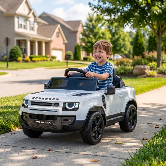 Qaba 12V Ride on Car, Licensed Land Rover Defender Electric Car for Kids with Remote Control, 4-Wheel Suspension, Slow Start, 3 Speeds, Lights, Music, Horn for 3-5 Years, White