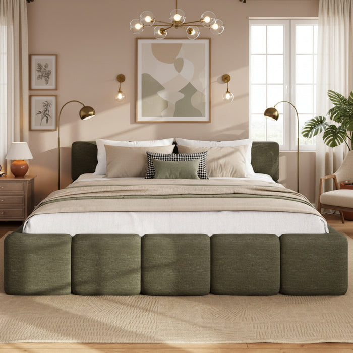 Toby Linen Upholstered Platform Bed with Thickened Headboard and Footboard,King Size,Green King Bed