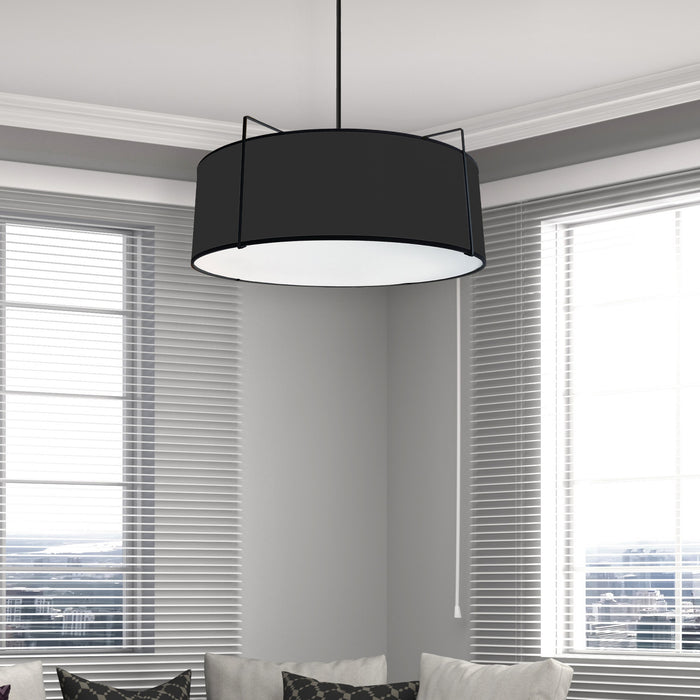 Dainolite Trapezoid 4 Light Pendant Drum Black Shade White Fabric Diffuser Lamp