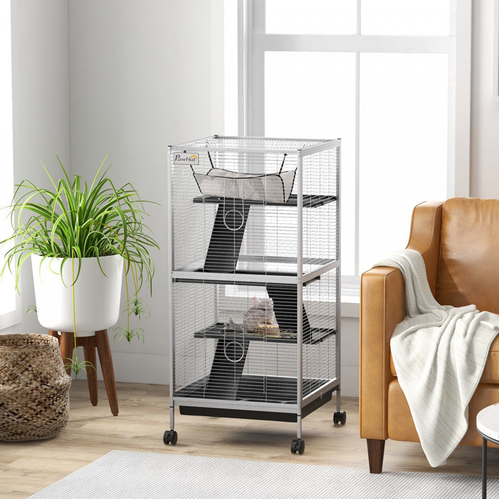 Pawhut 4-tier Rolling Small Animal Cage, Deluxe Guinea Pig Cage, Ferret Cage For Mink Chinchilla Kitten Rabbit, Small Pet Play House With Hammock Platform, Ramp, Removable Tray, Light Grey