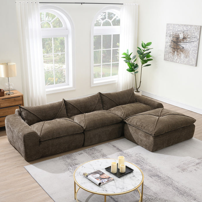 Cloud 116 Inch Modular Sectional Sofa with Ottoman and Legless Design, Brown