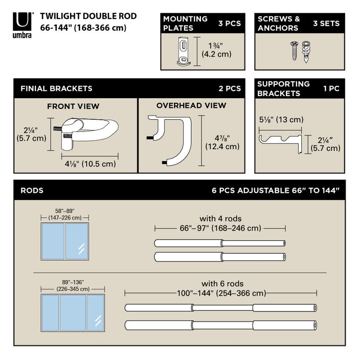 Umbra Twilight Matte Nickel Expandable Double Blackout 3/4\" Curtain Rod - 66\"-144\" 