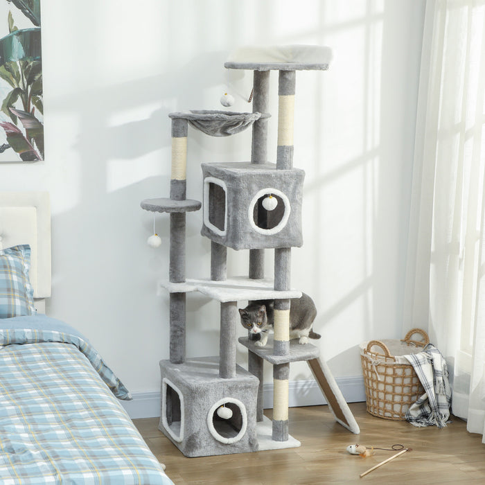 PawHut Cat Tree for Indoor Large Adult Cats, 65 Inch Kitty Tower Multi-Level with 2 Doors Condos, Plush Top Perch, Hammock, Sisal Scratching Posts, 4 Pompoms, Ramp, Grey
