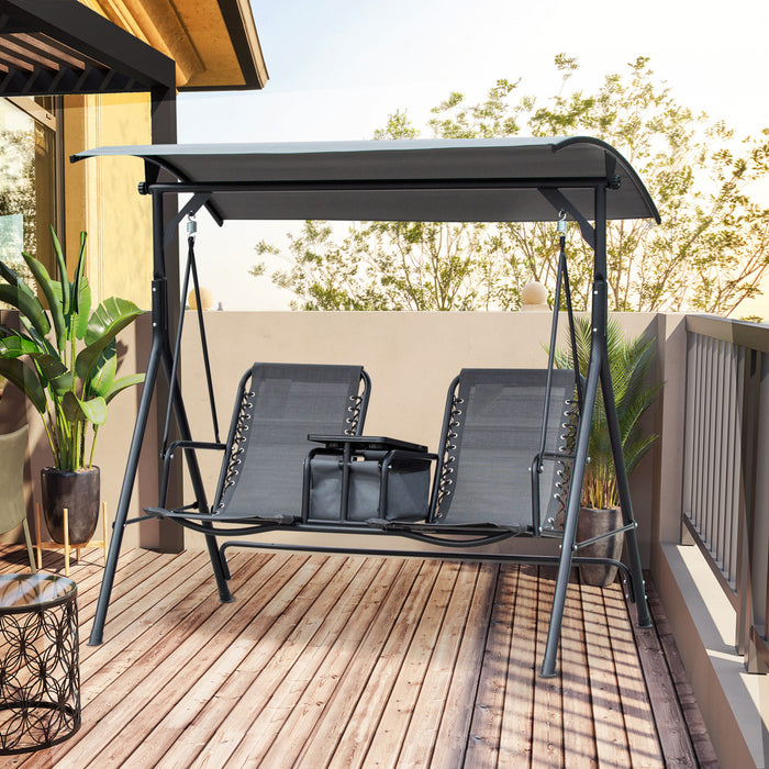 Outsunny 2 Person Patio Swing Chair Porch Swings Bench Swing Glider With Pivot Storage Table, Cup Holder, & Adjustable Overhead Canopy, Gray
