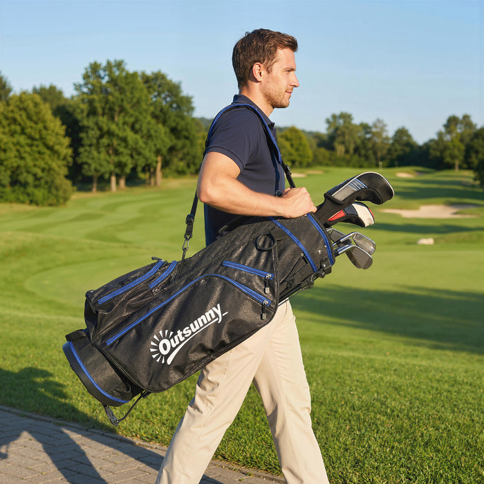 Outsunny Ultra-Lightweight Golf Stand Bag with Stable Stand, 6-Way Dividers and Cooler Pocket, All-Weather Men's Golf Club Carrier with Rain Hood for Convenient Carrying, Blue