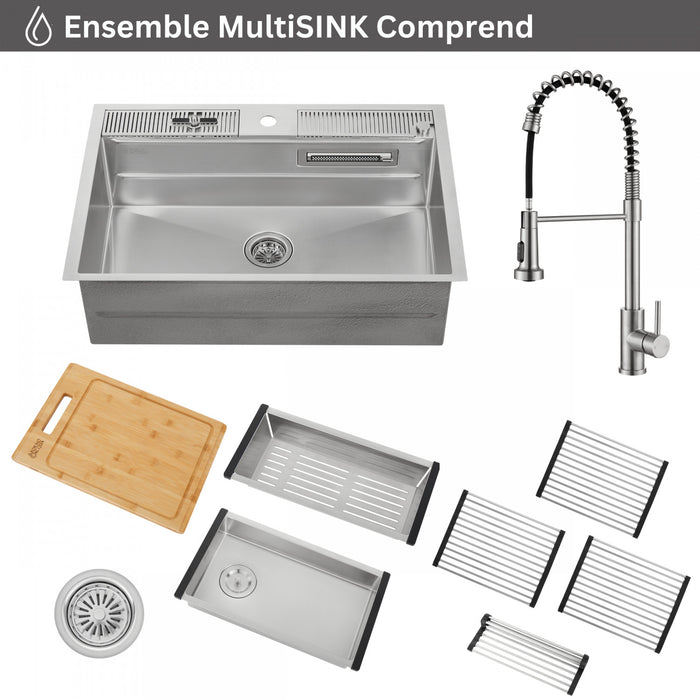 MultiSINK 33 in. Dual Mounted 3-Level Workstation Kitchen Sink, Faucet, Glass Rinser,Stainless Steel- D-WP31 Laundry Combo