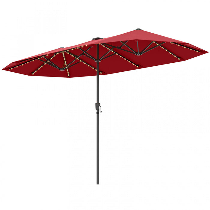 Costway 13 FT Large Patio Umbrella with LED Solar Lights Crank Handle 12 Heavy-Duty Ribs Wine