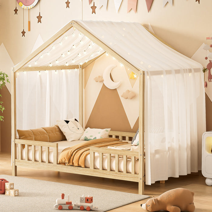 Paul Montessori Floor Bed with Canopy and High Railings,Full Size, Natural Full Bed