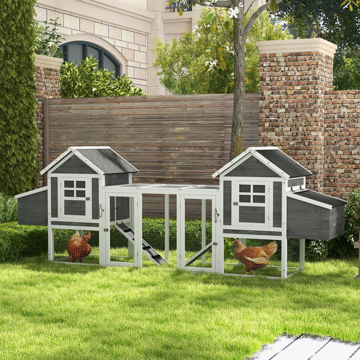 PawHut 123\" Extra Large Chicken Coop Wooden Poultry House Rabbit Hutch Hen Backyard with Outdoor Run Ramps and Nesting Boxes, Grey