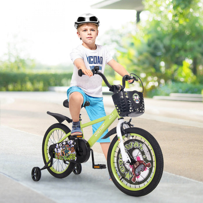 Costway 18\" Kid's Bike For 4-8 With Height-adjustable Handlebar & Saddle Handbrake Green