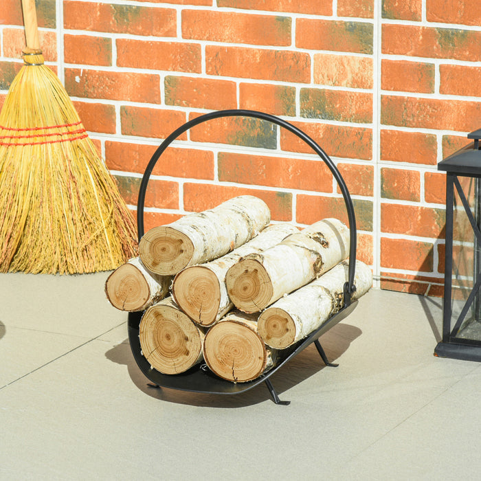 Outsunny 16\" Firewood Log Rack Curved Fireplace Log Holder Wood Storage Basket Carrier With Handle, For Outdoor And Indoor Use, Black