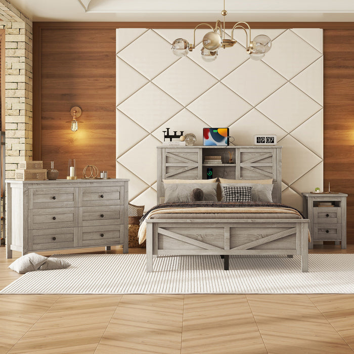 Madison Bedroom Set Farmhouse Platform Bed with Storage and Charging Station,Full Size，Grey Full Bed
