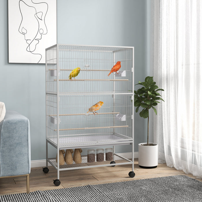 Pawhut 52\" Large Rolling Steel Bird Cage Bird House With Rolling Stand, Storage Shelf, Wood Perch, Food Container, Grey