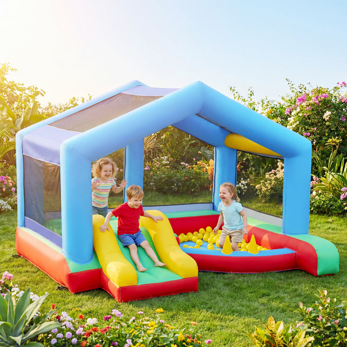Qaba Bouncy Castle for Kids, Inflatable Bounce House with Slide, Ball Pit and Ring Toss Game, Jumping Castle with Sunshade and Blower for Indoor Outdoor Backyard Party Fun